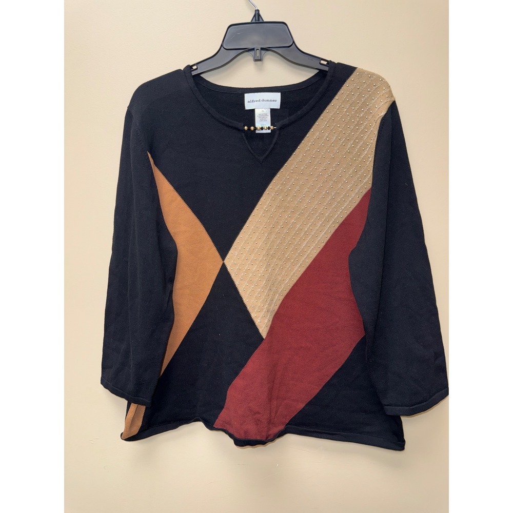 Alfred Dunner XL Black Colorblock Beaded Split Neck 3/4 Sleeve Knit Sweater Top
